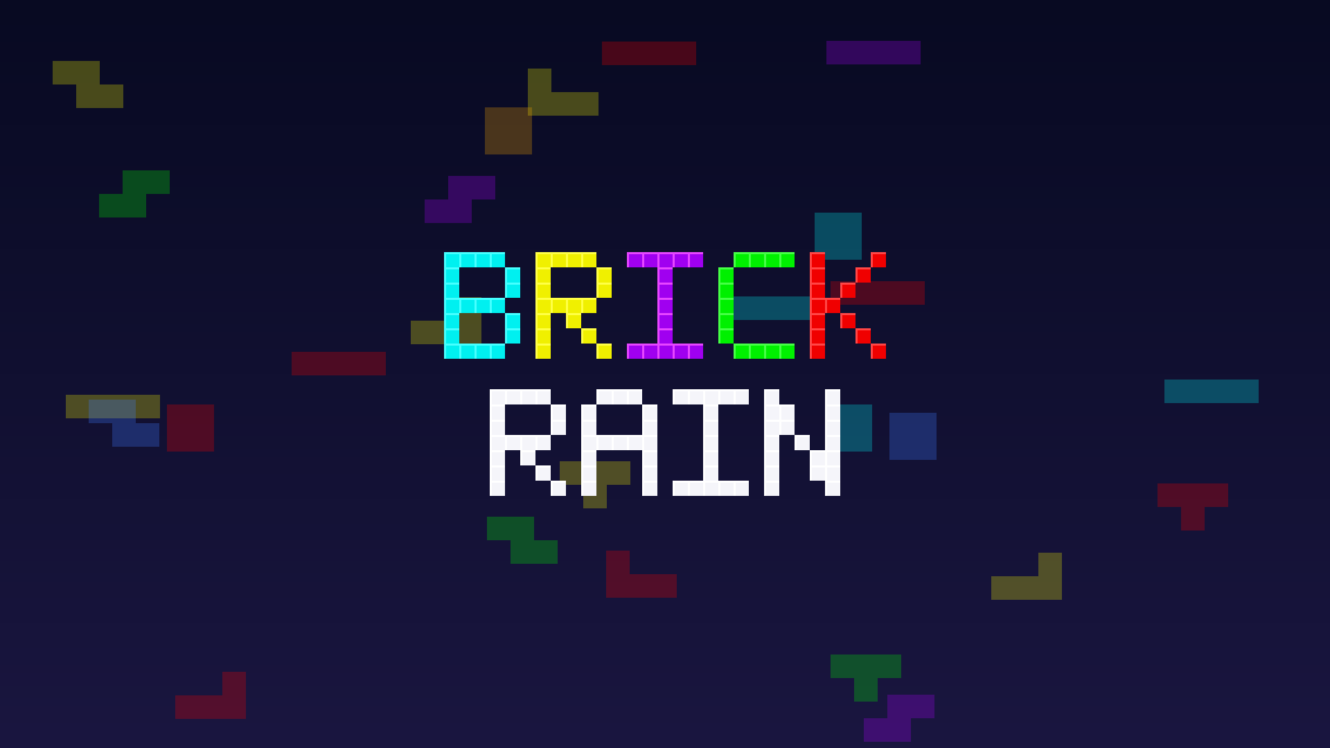 BrickRain pixel-art wordmark over falling tetrominoes